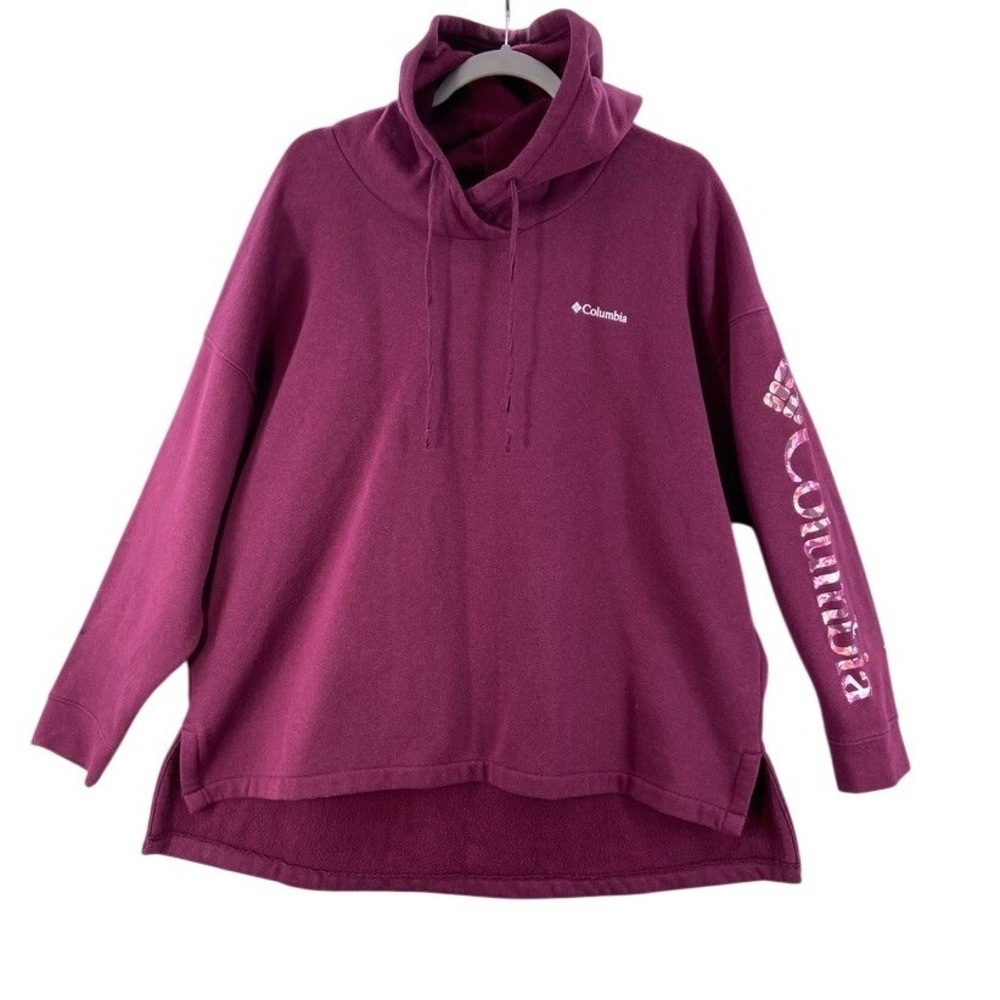Columbia Hoodie Poncho Womens 2X Plum Floral Sleeve Logo High-Low Pocket
